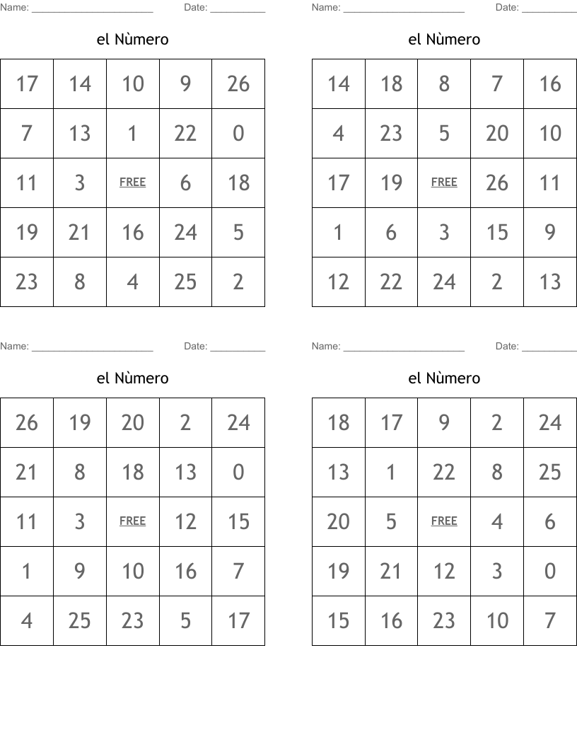 el Nùmero Bingo Cards