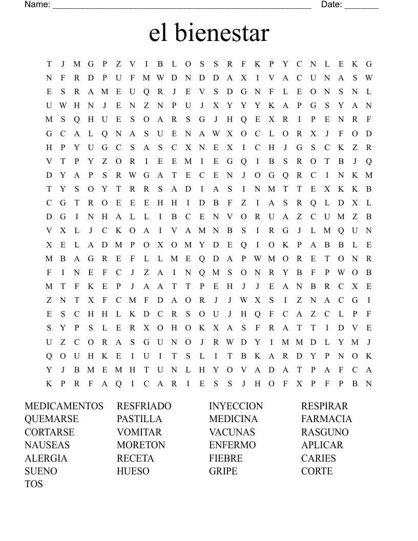 el bienestar Word Search