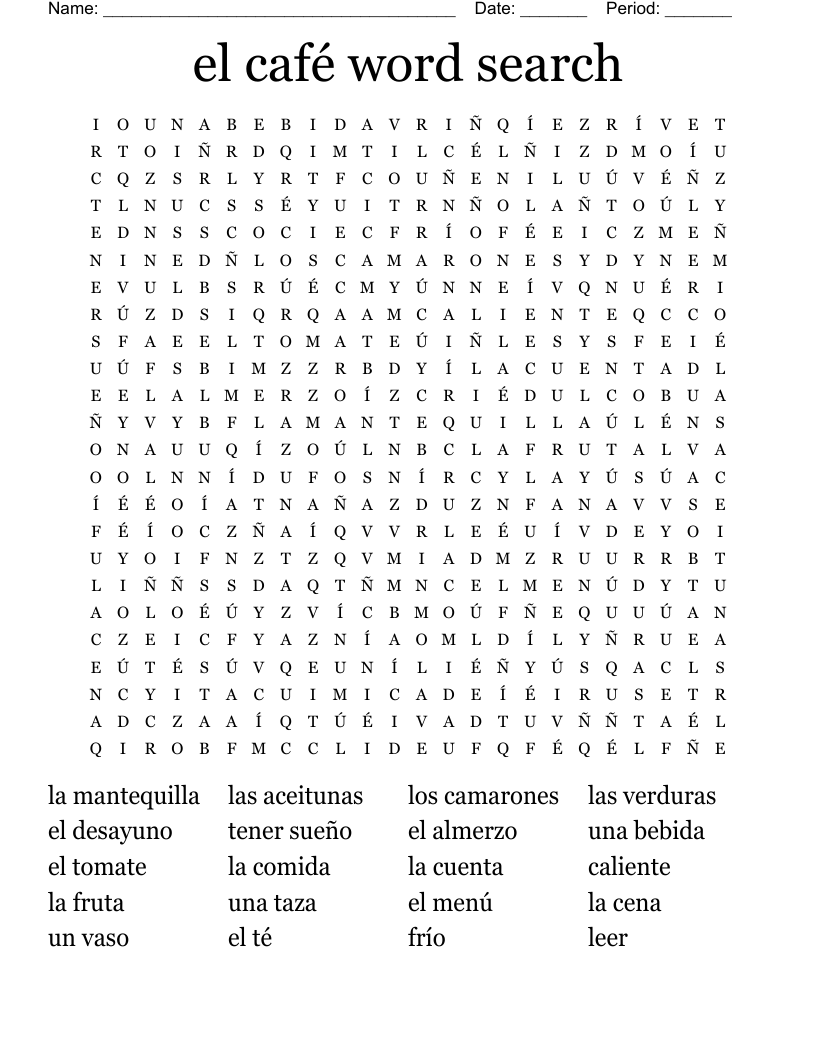 el café word search 