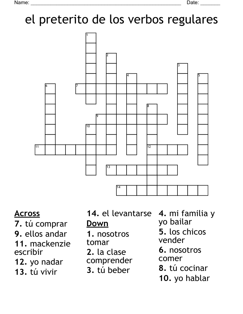 el preterito de los verbos regulares Crossword