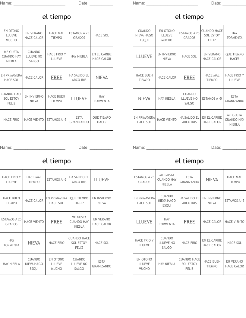 el tiempo Bingo Cards