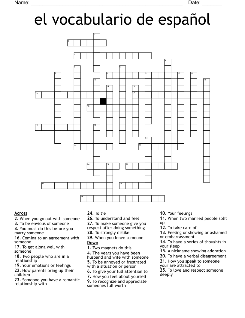 el vocabulario de español  Crossword