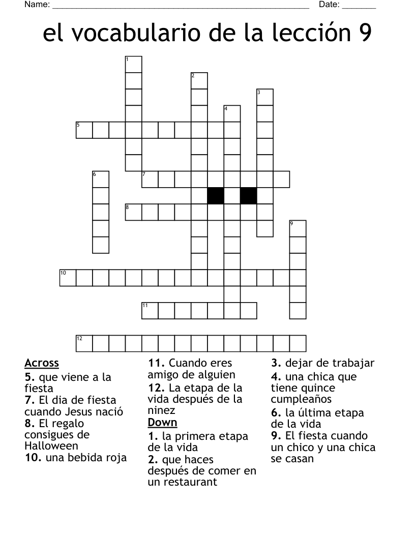 el vocabulario de la lección 9 Crossword