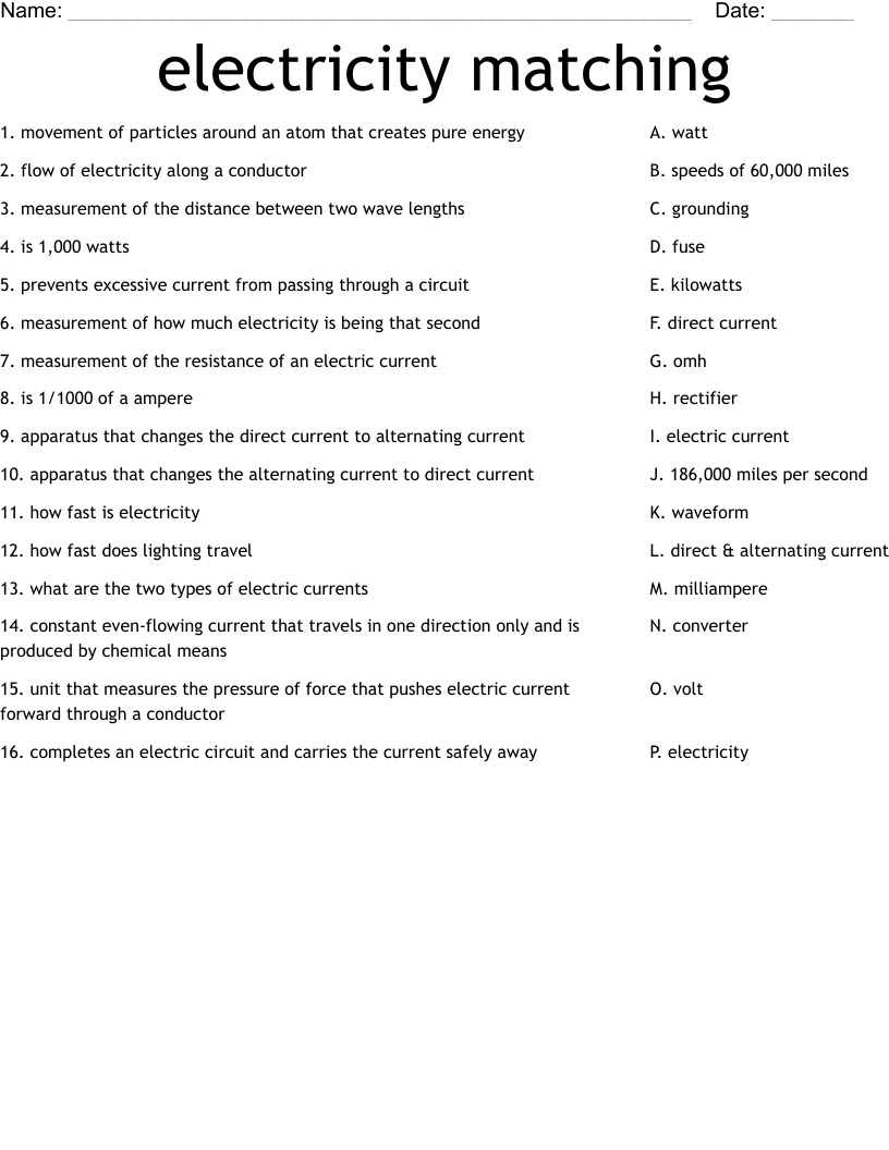 electricity matching  Worksheet