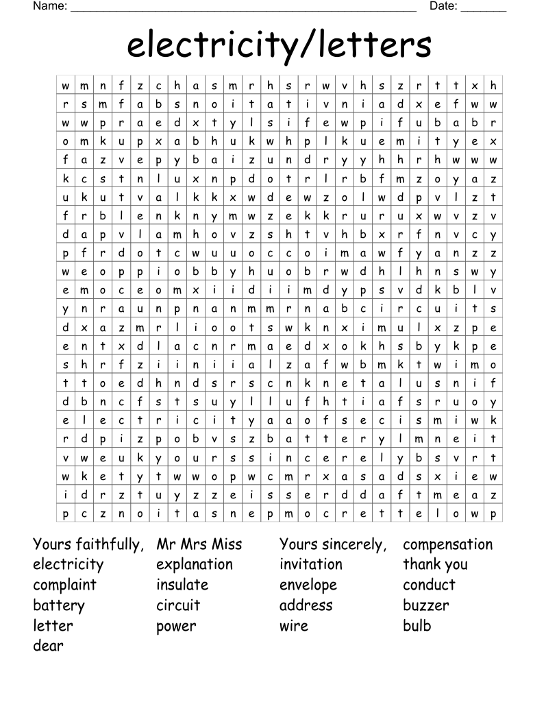 electricity/letters Word Search