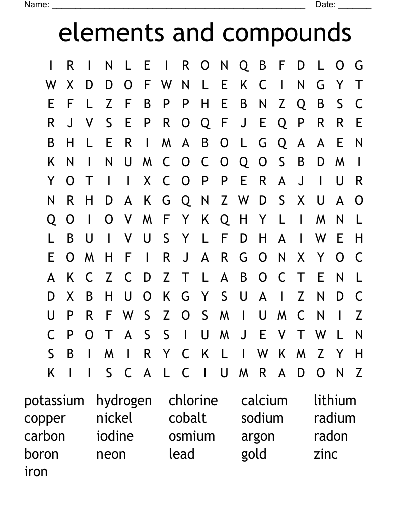 elements and compounds Word Search