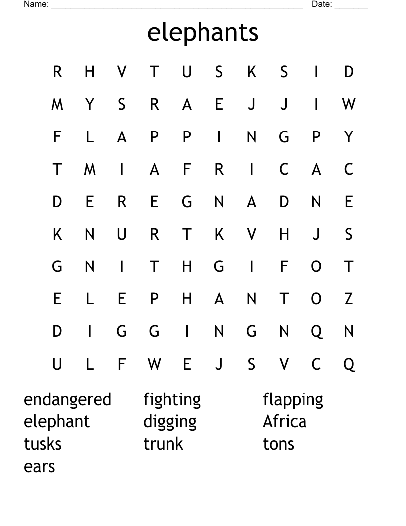 elephants Word Search