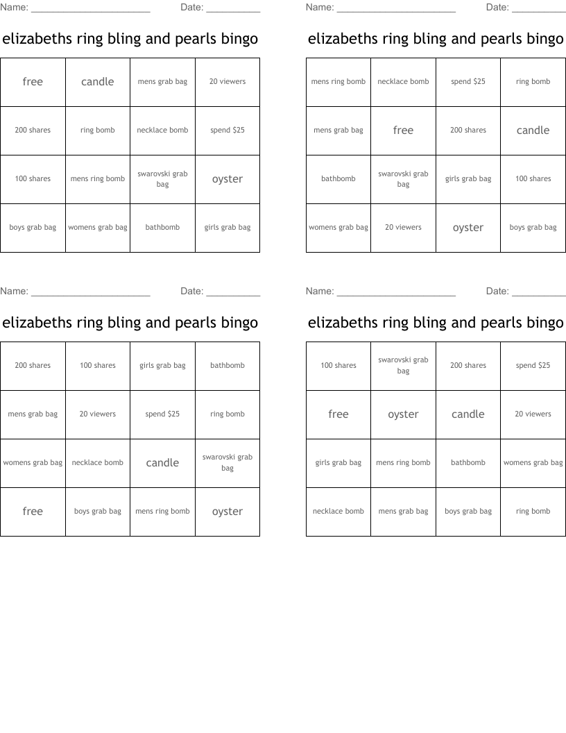 elizabeths ring bling and pearls bingo