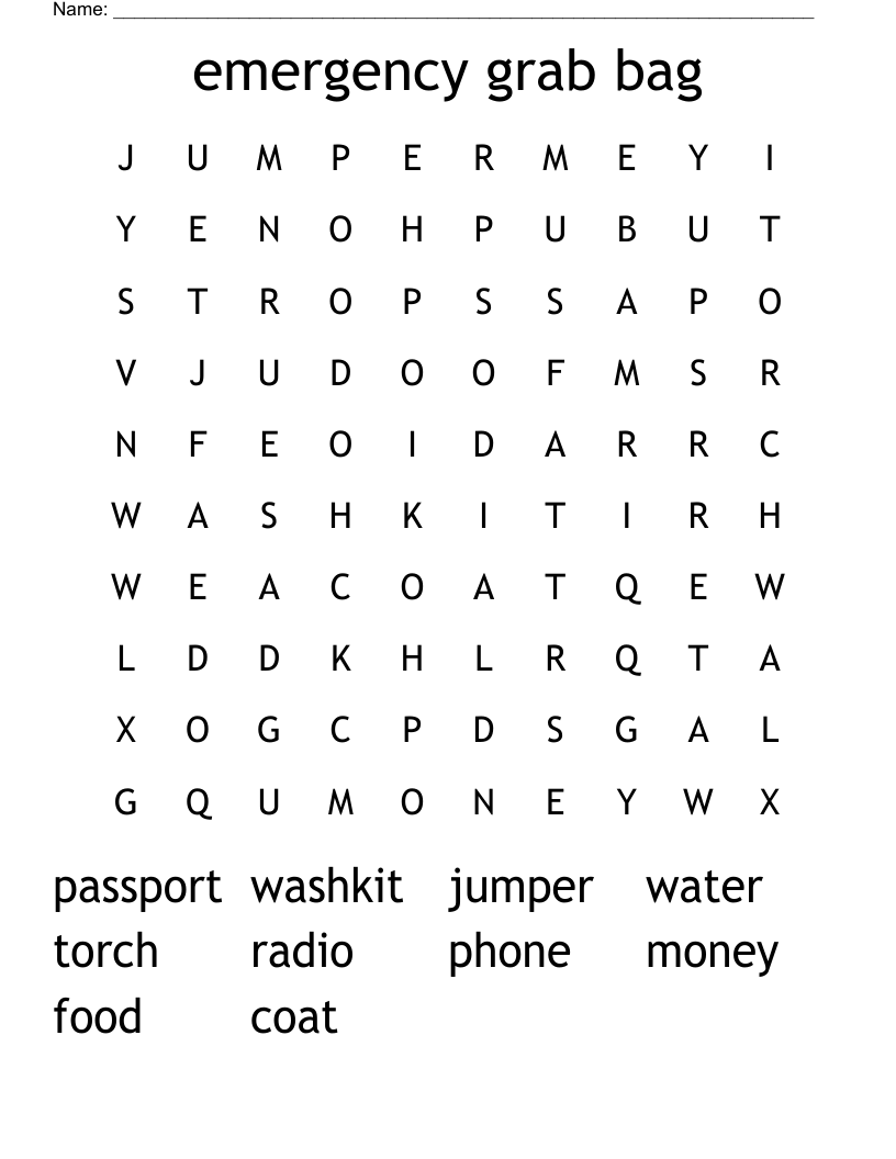 emergency grab bag Word Search