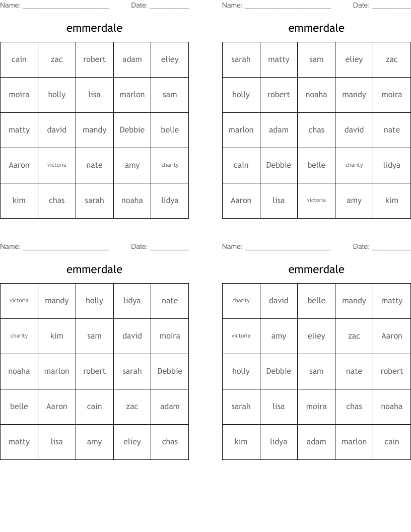 emmerdale Bingo Cards