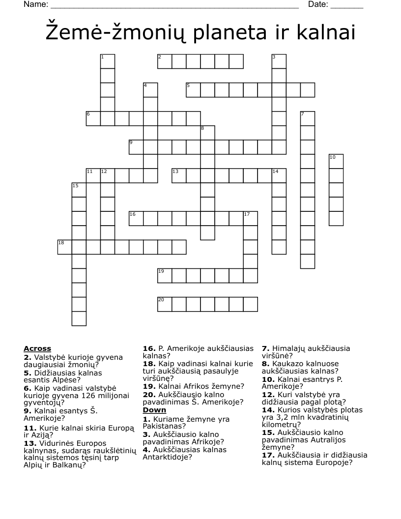 Žemė-žmonių planeta ir kalnai  Crossword