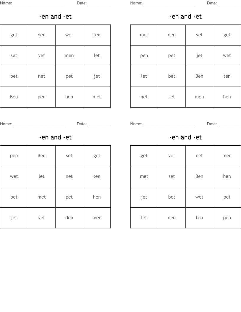 -en and -et Bingo Cards