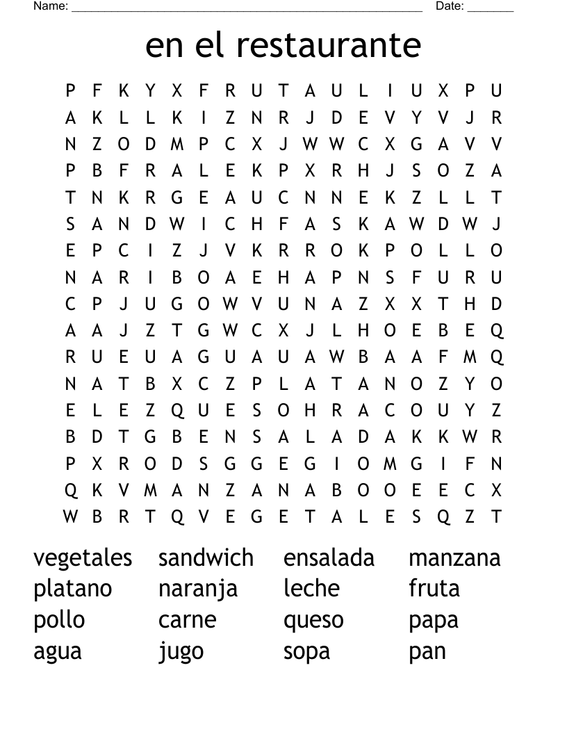 en el restaurante  Word Search