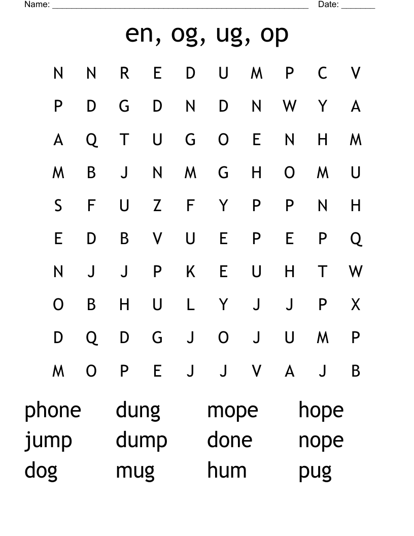 en, og, ug, op Word Search
