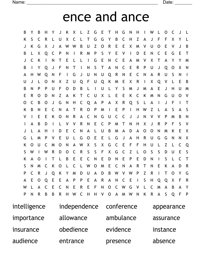 ence and ance Word Search