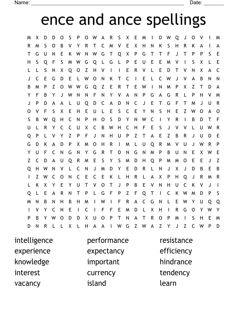 ence and ance spellings Word Search