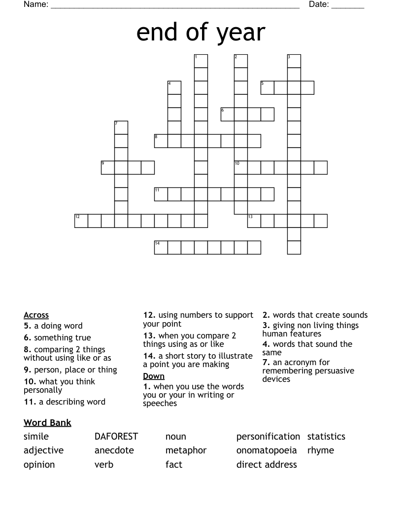 end of year  Crossword