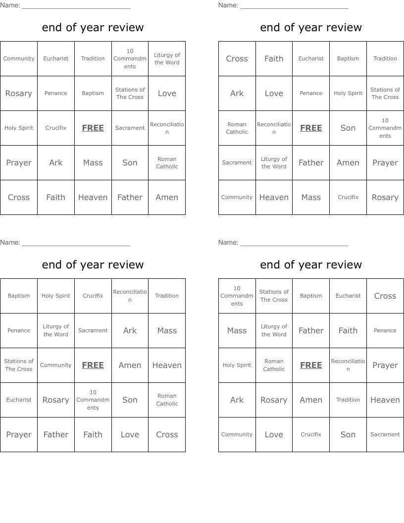 end of year review Bingo Cards
