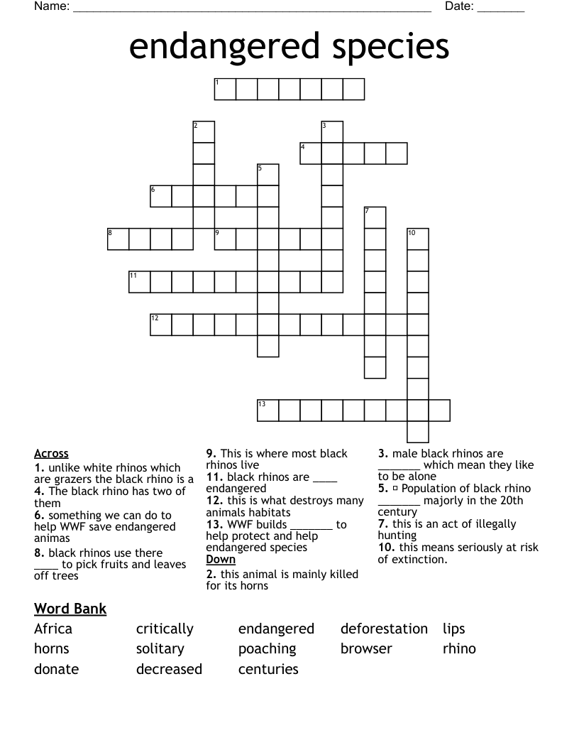 endangered species  Crossword