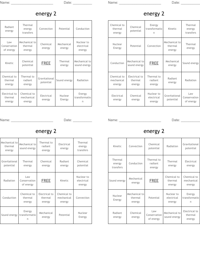 energy 2 Bingo Cards