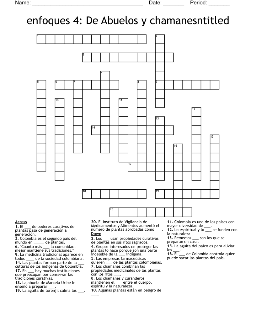 enfoques 4: De Abuelos y chamanesntitled Crossword