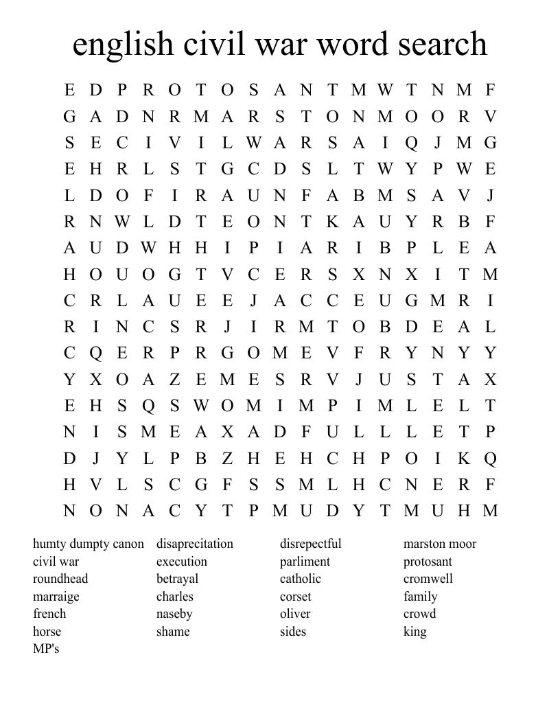 english civil war word search