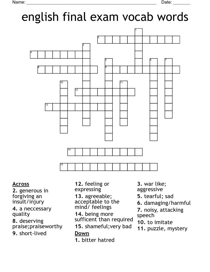 english final exam vocab words Crossword