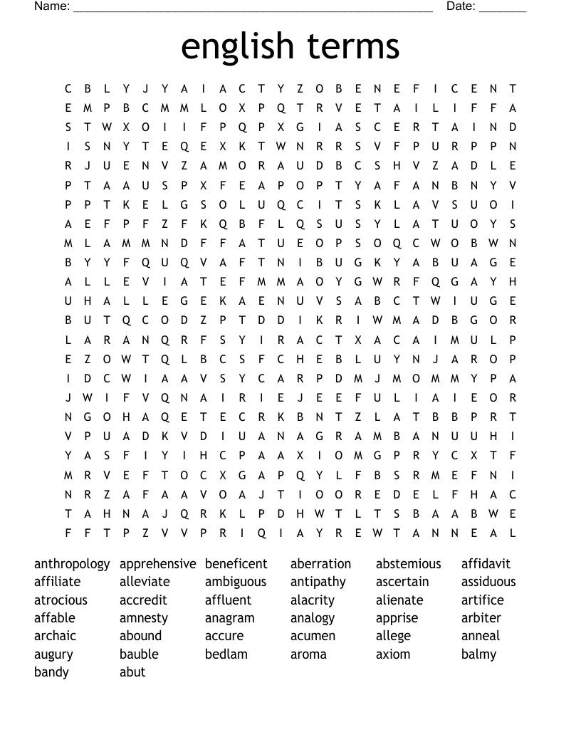 english terms Word Search