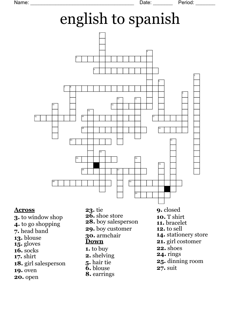 english to spanish Crossword