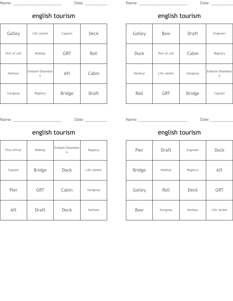 english tourism Bingo Cards
