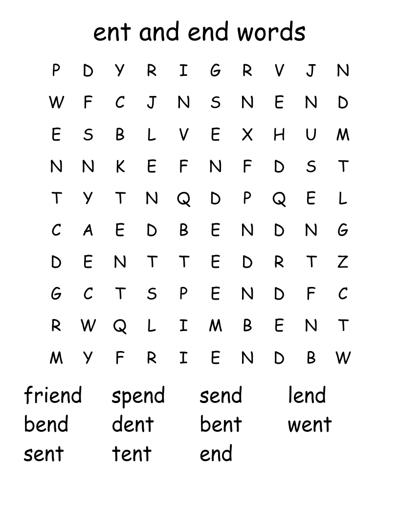 ent and end words Word Search