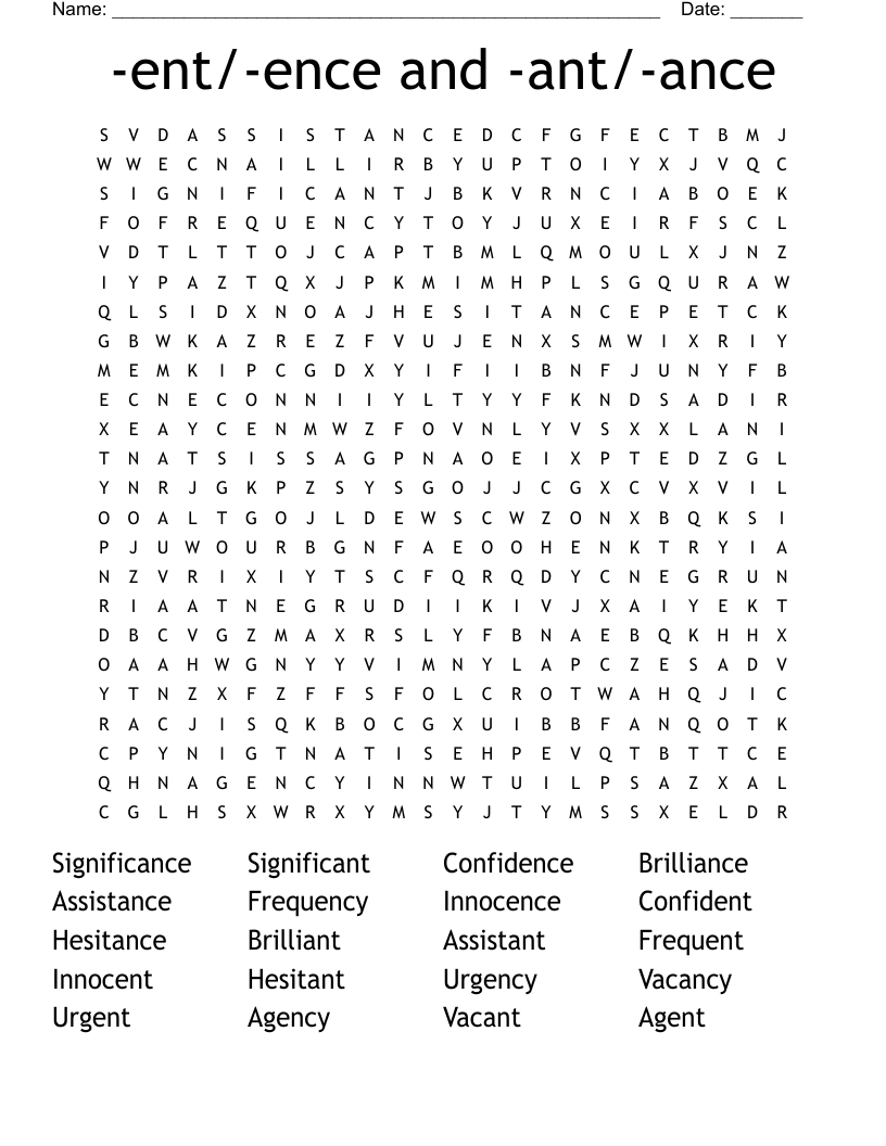 -ent/-ence and -ant/-ance Word Search