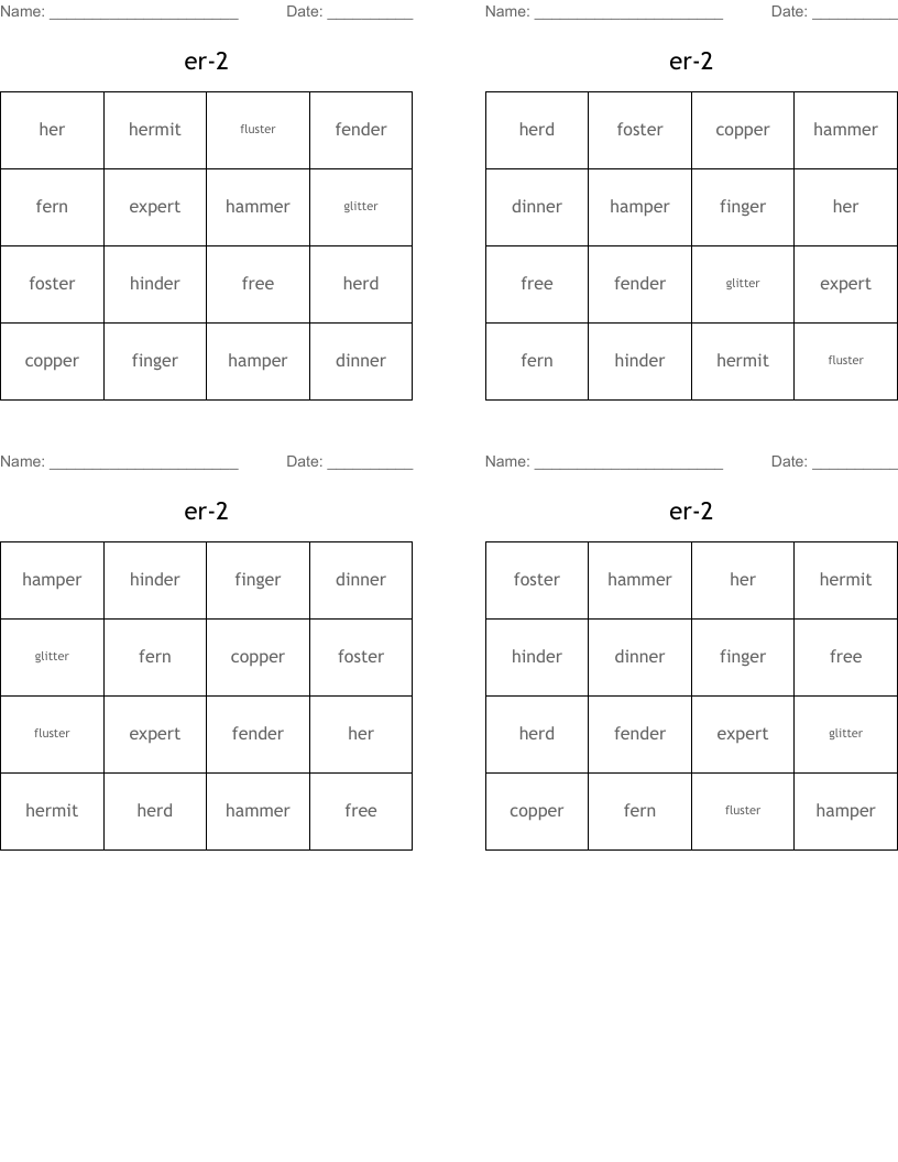 er-2 Bingo Cards