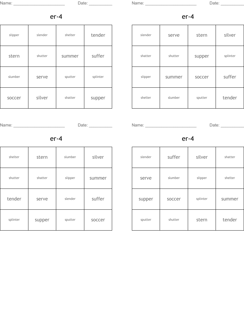 er-4 Bingo Cards