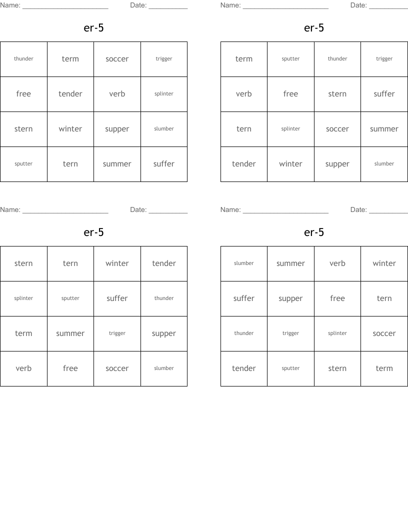 er-5 Bingo Cards