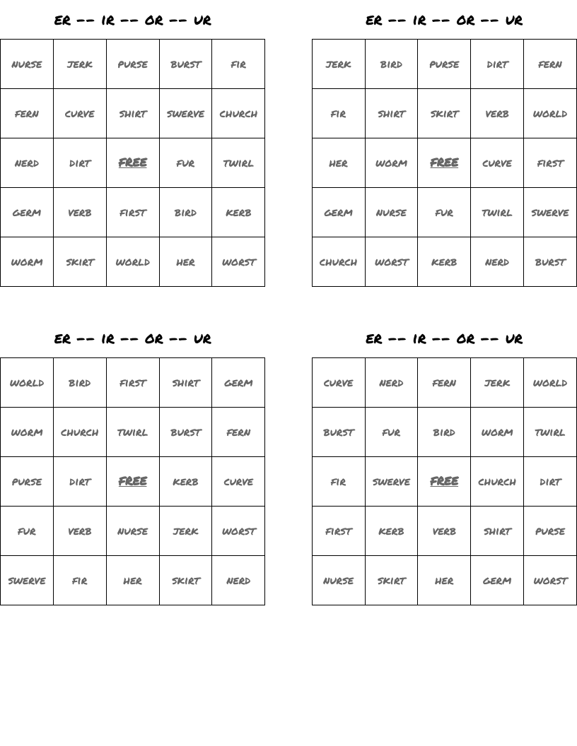 er -- ir -- or -- ur Bingo Cards