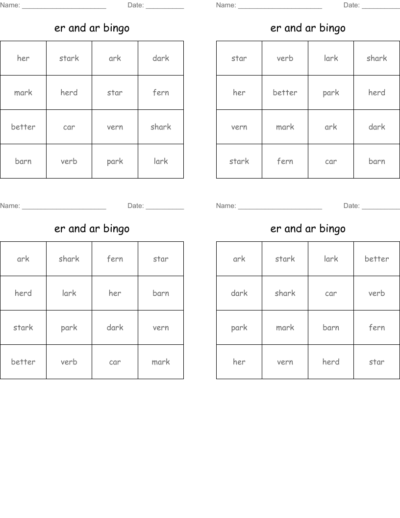 er and ar bingo