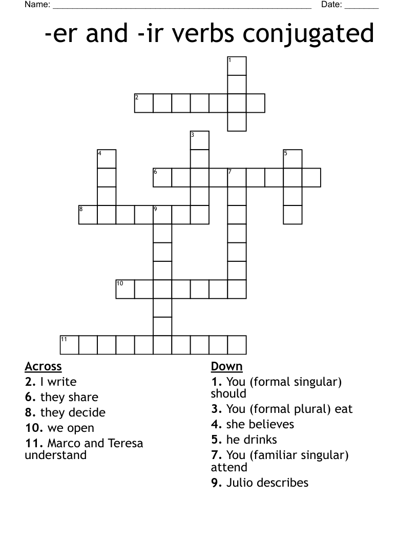 -er and -ir verbs conjugated Crossword