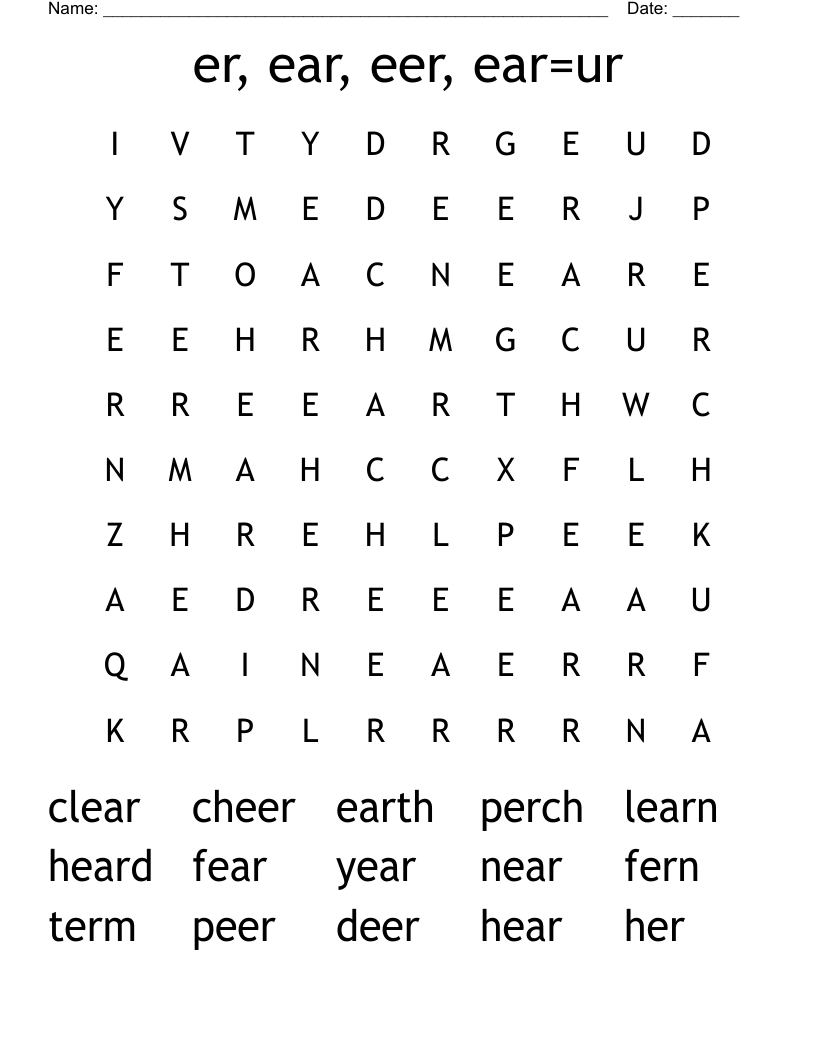 er, ear, eer, ear=ur Word Search