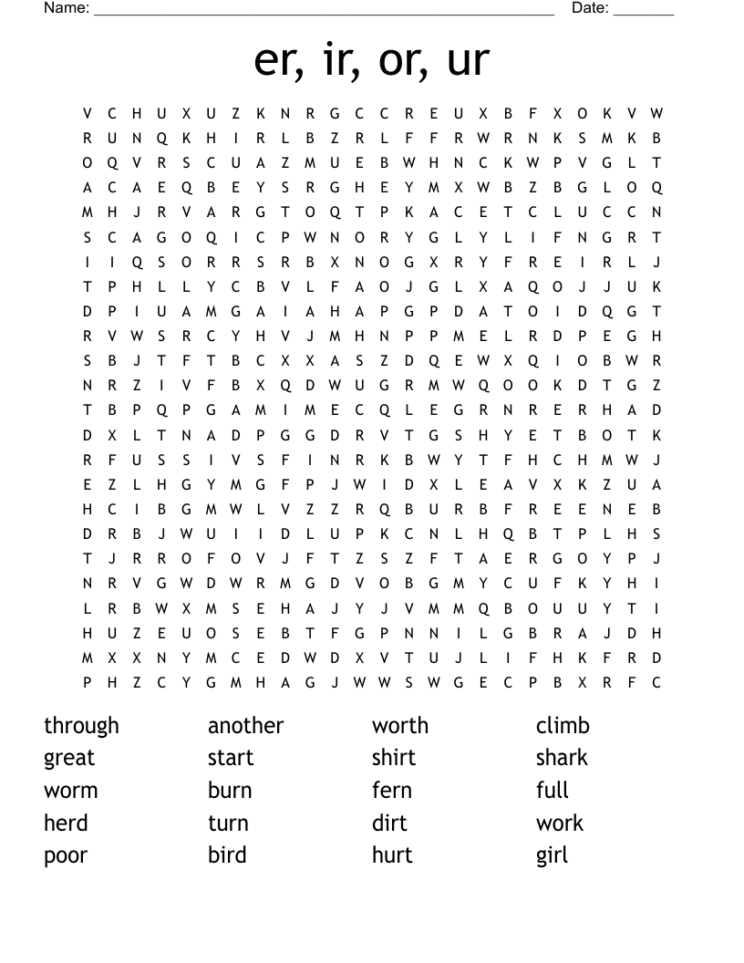 er, ir, or, ur Word Search