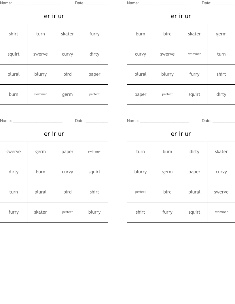 er ir ur Bingo Cards