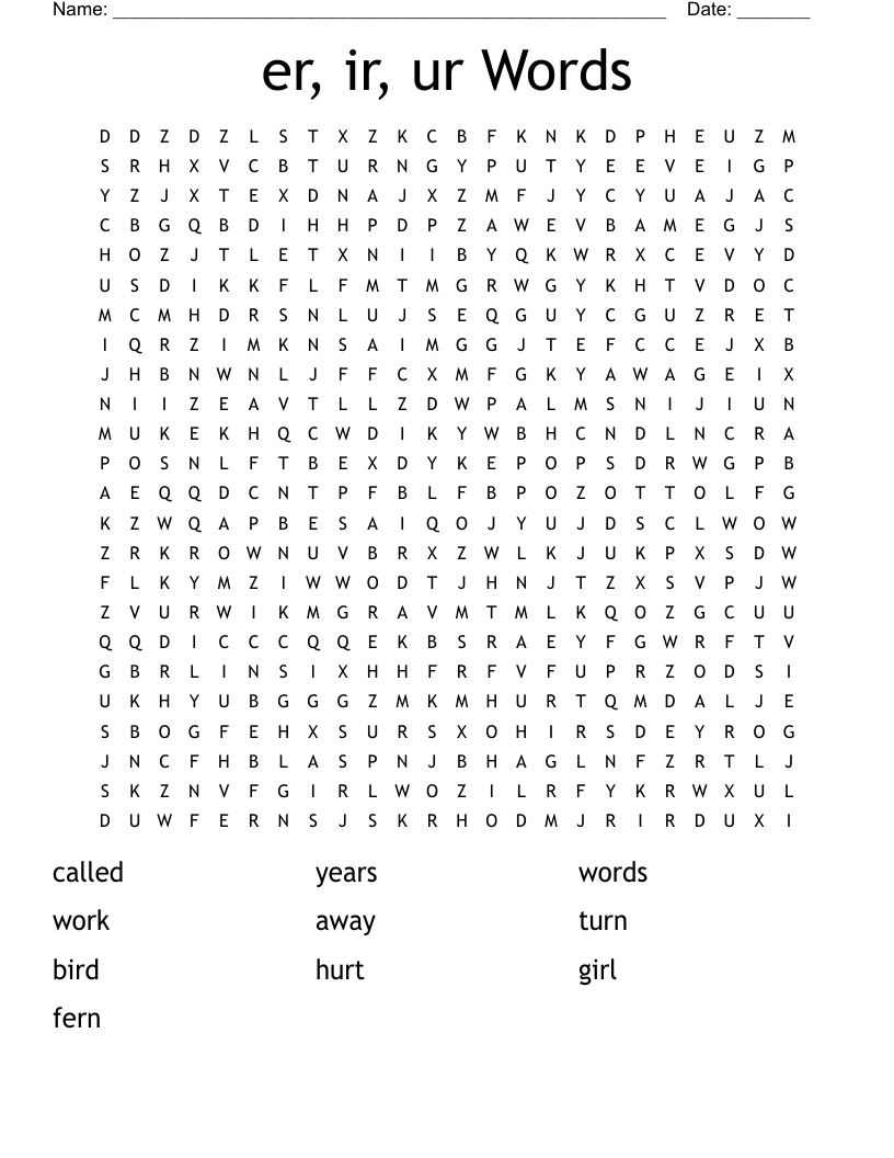 er, ir, ur Words Word Search