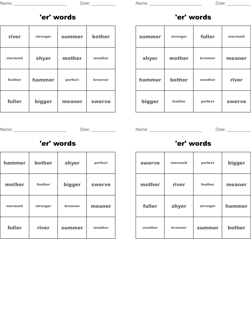 'er' words Bingo Cards