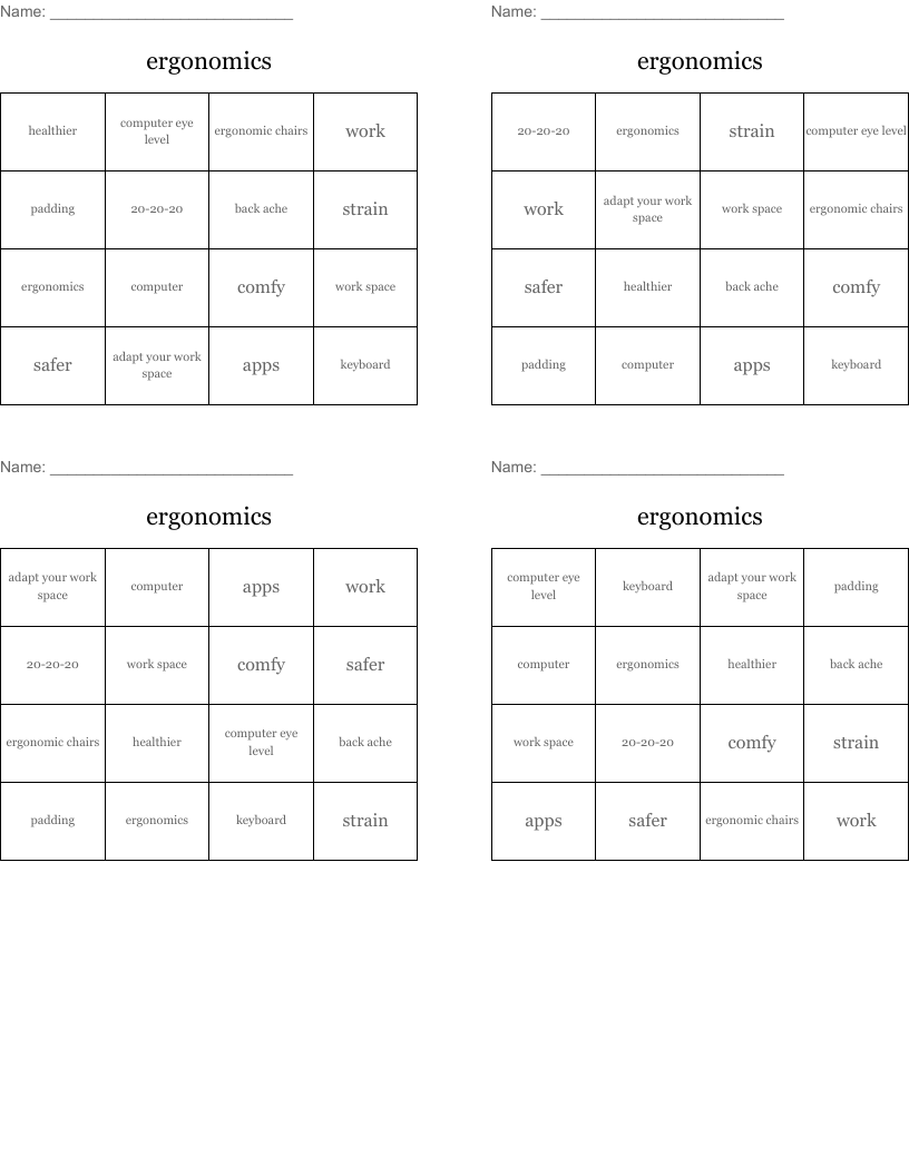 ergonomics  Bingo Cards