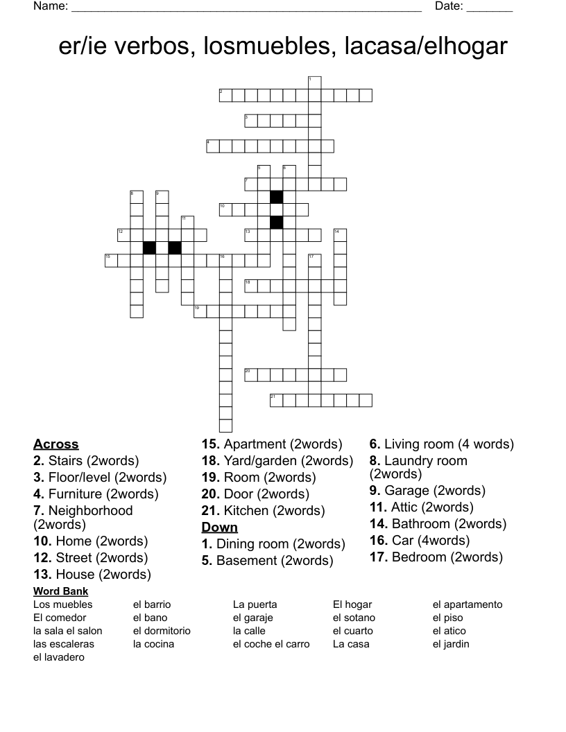 er/ie verbos, losmuebles, lacasa/elhogar Crossword