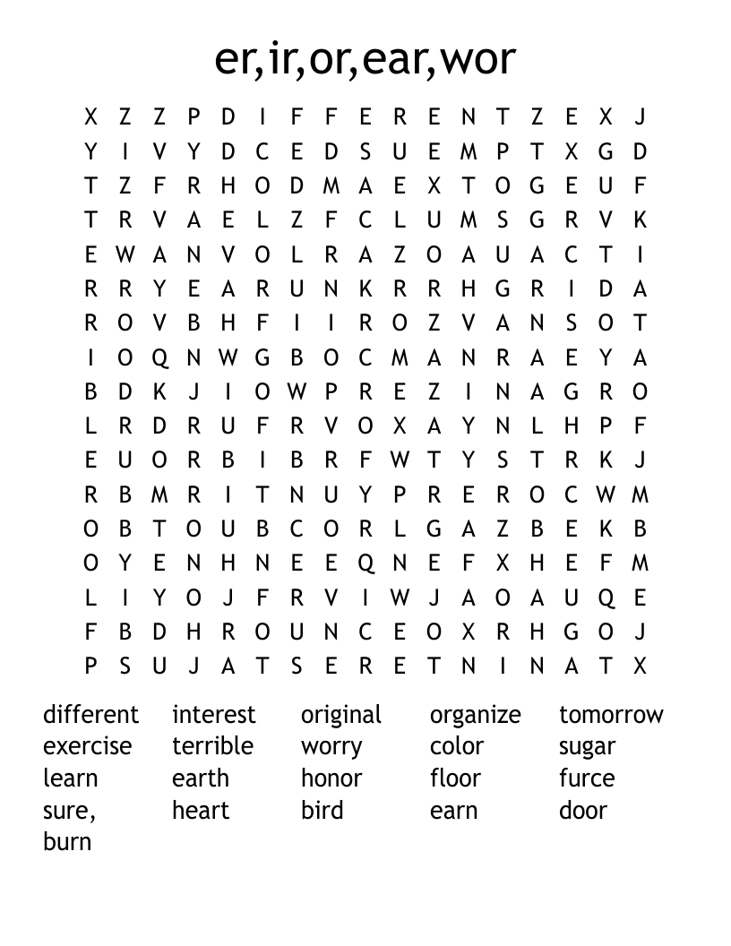 er,ir,or,ear,wor Word Search