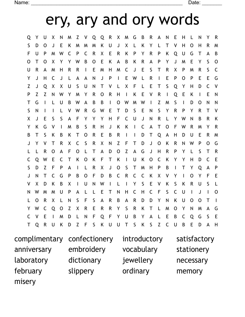 ery, ary and ory words Word Search