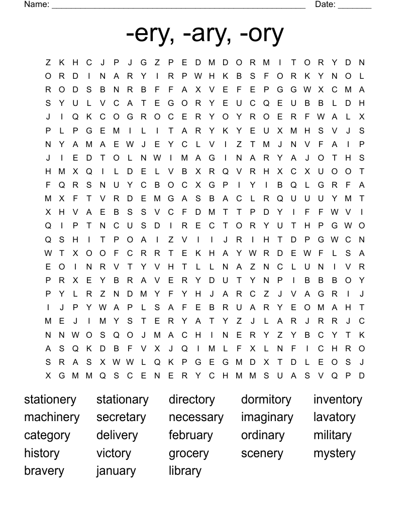 -ery, -ary, -ory Word Search