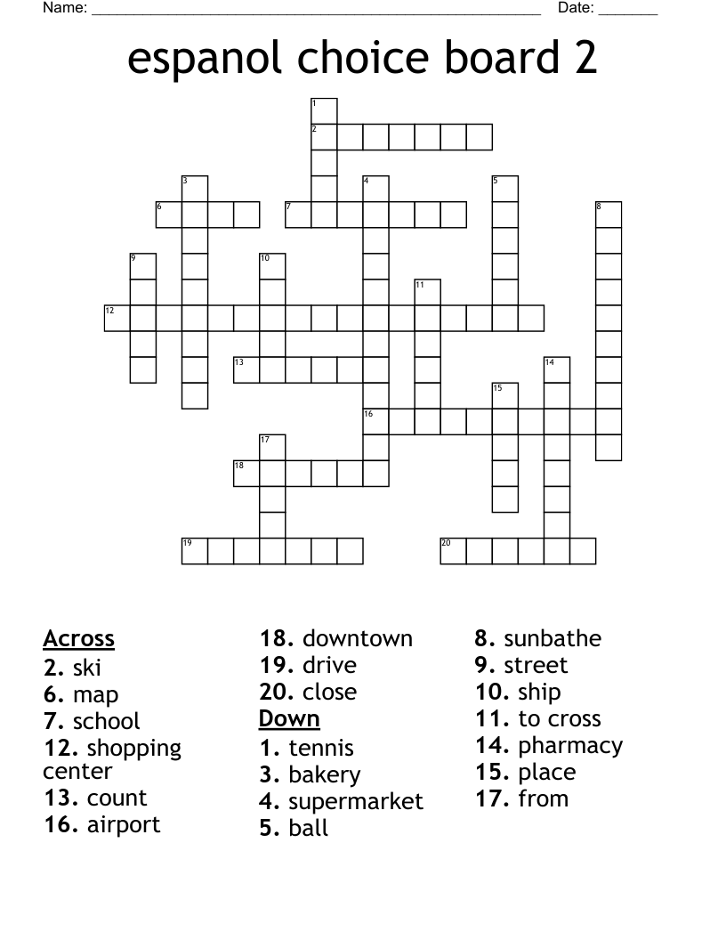 espanol choice board 2 Crossword