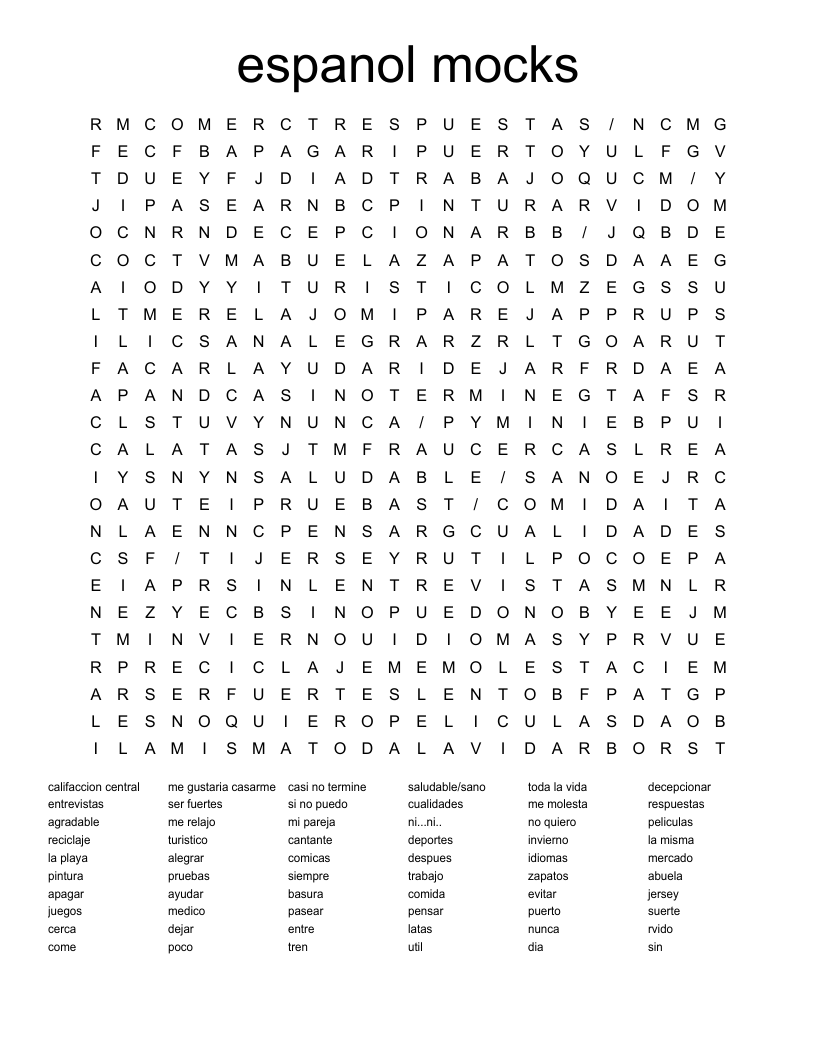 espanol mocks Word Search
